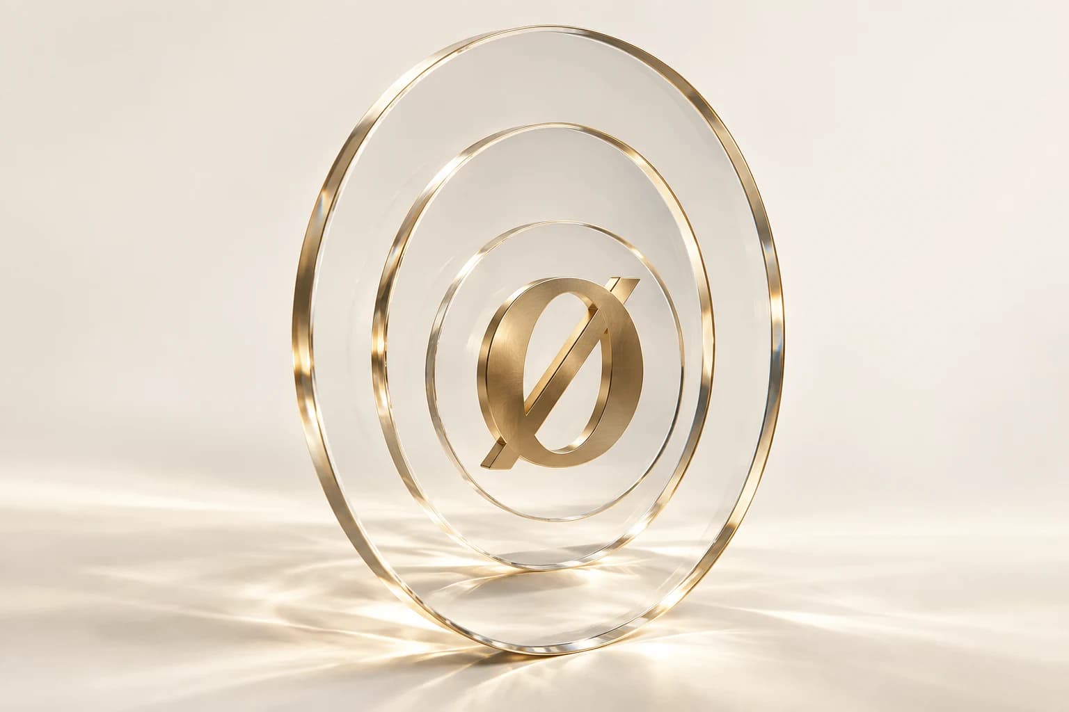 Transparent glass discs surrounding a brushed gold Sable Zero symbol